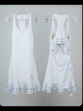 Deuce Doubles White Tennis Dress Size S - Blue Striped Ruffle Open Back